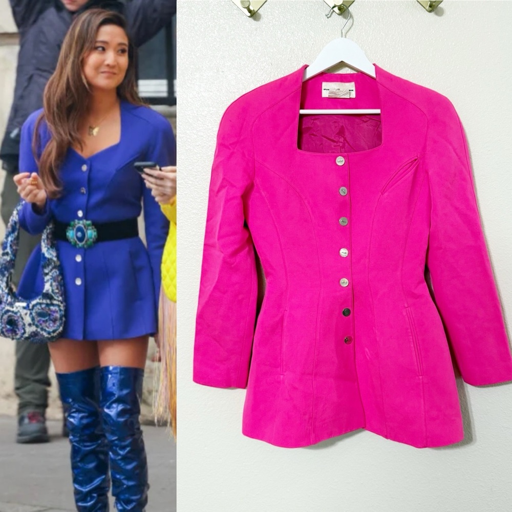 Mugler Wool Button Pink Structural Vintage As Seen on Emily in Paris Mini Dress